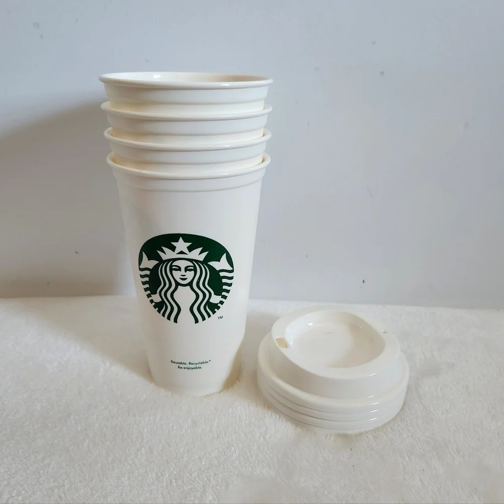 Starbucks 4 Pack Reusable Travel Cold Hot Creamy White Cups With Lids 16 Oz